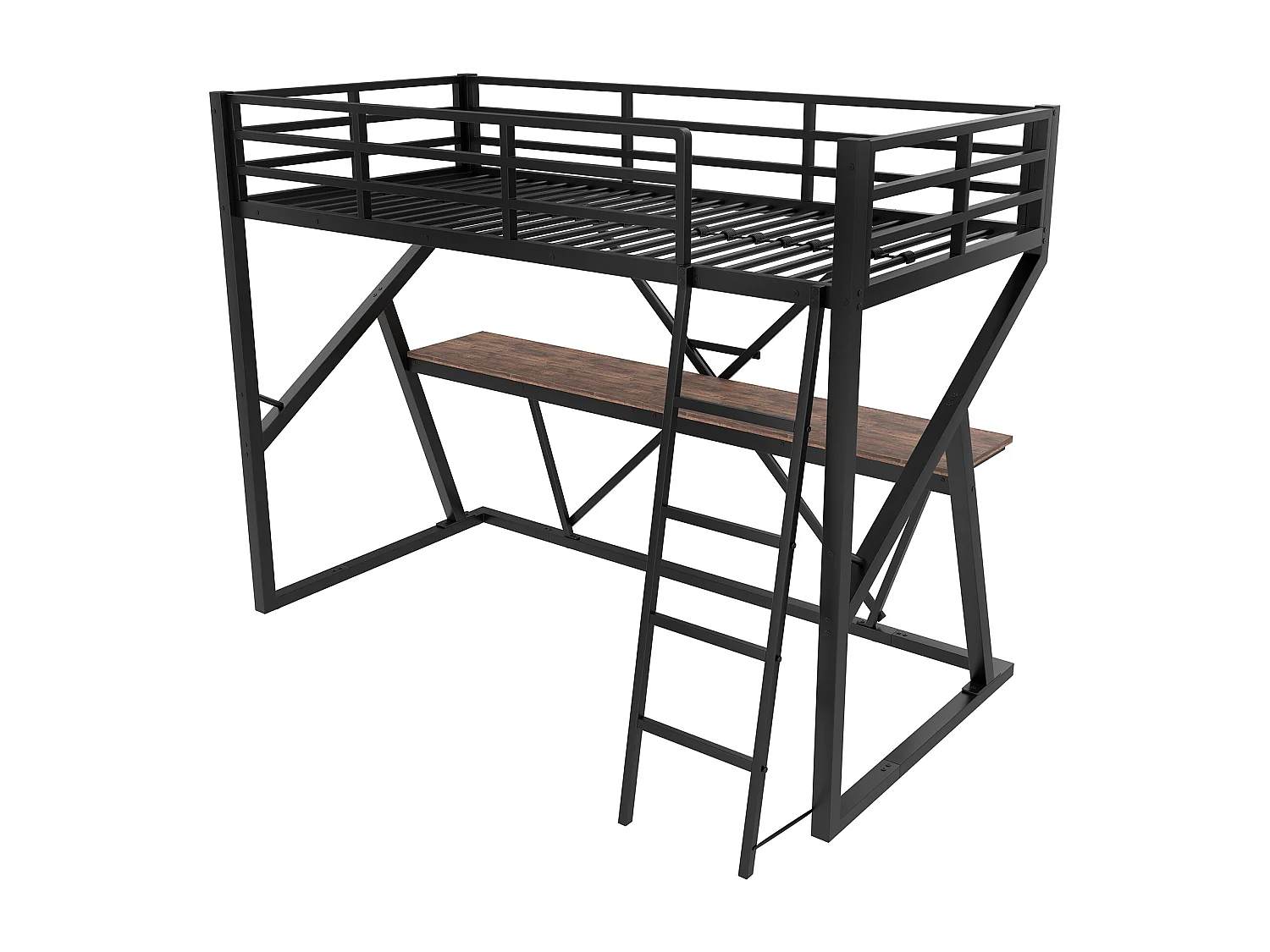 Hoogslaper 90x200 cm Kinderbed met ledverlichting en bureau, metalen frame - zwart (zonder matras)