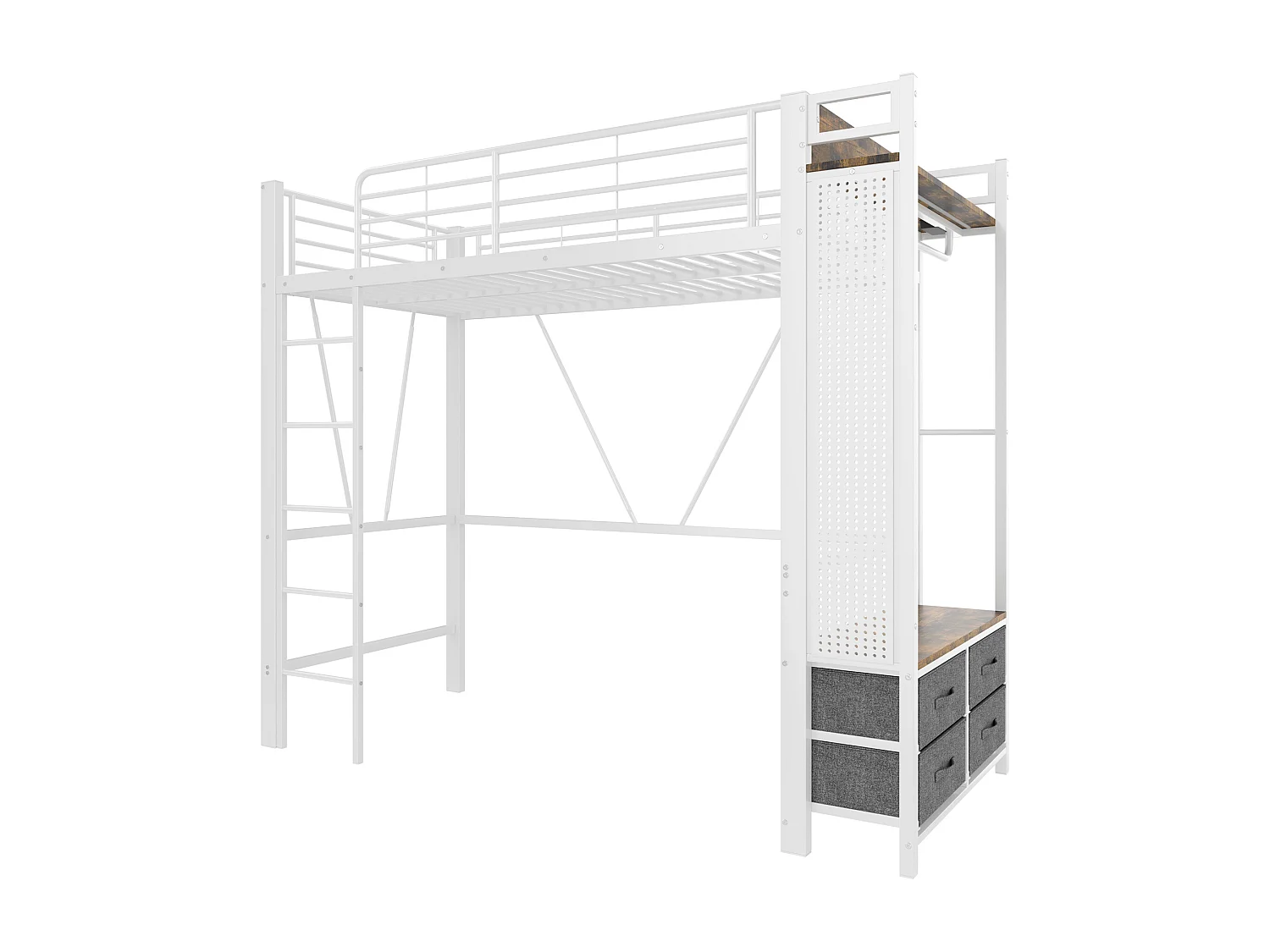 Hochbett 90x200 cm, Kinderbett mit 4 Schubladen, Kleiderstange, USB-Anschluss – Metall weiß (ohne Matratze)