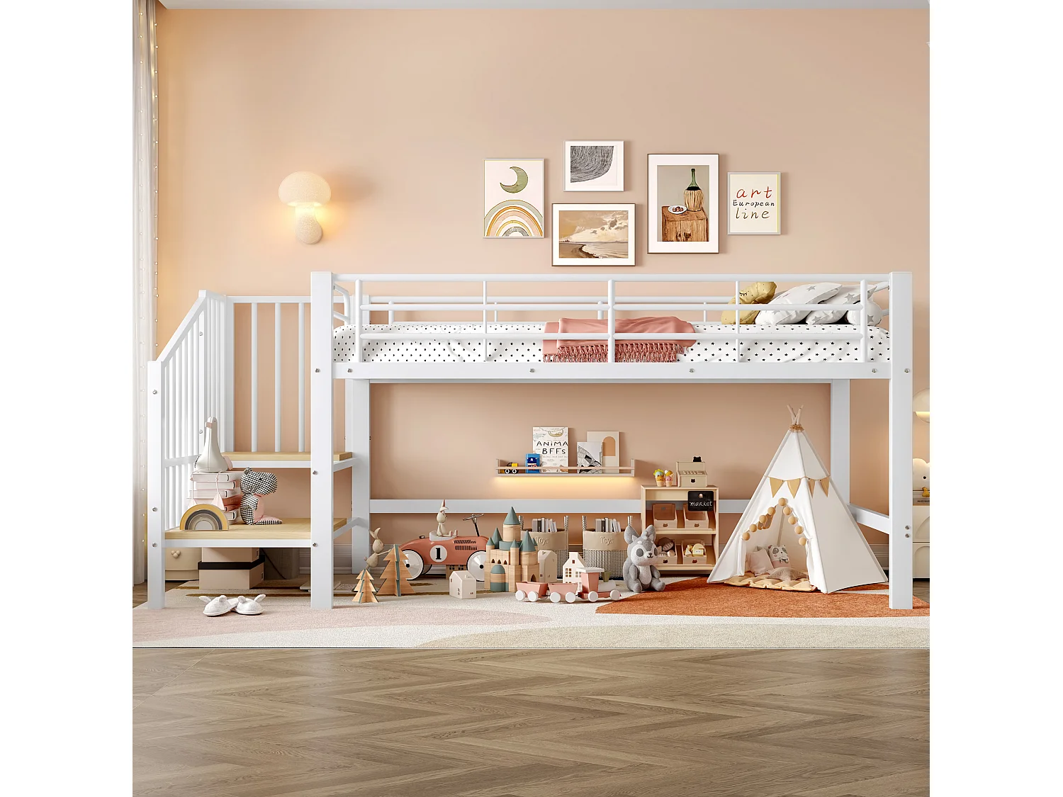 Cama alta de 90x200 cm, cama infantil con escalera y barandilla, somier de láminas metálicas - blanca (sin colchón)