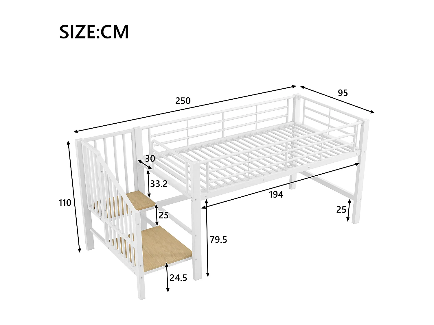 Cama alta de 90x200 cm, cama infantil con escalera y barandilla, somier de láminas metálicas - blanca (sin colchón)