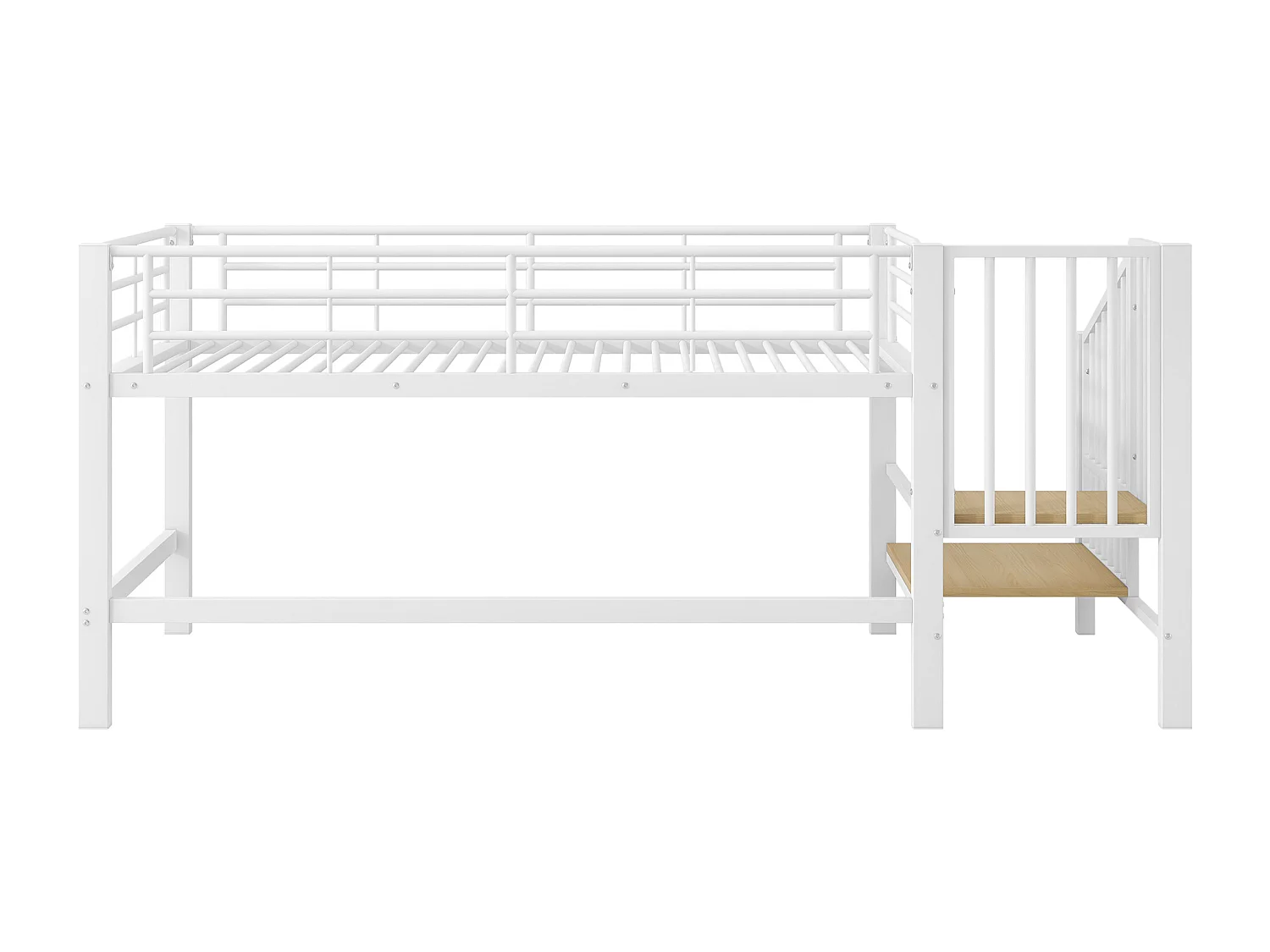 Cama alta de 90x200 cm, cama infantil con escalera y barandilla, somier de láminas metálicas - blanca (sin colchón)