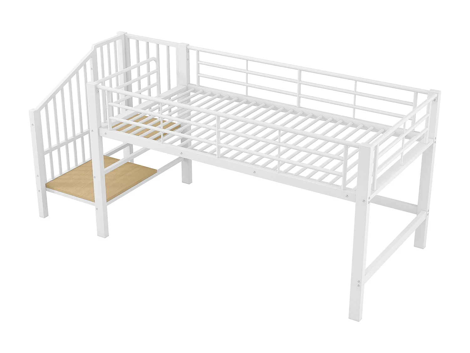 Cama alta de 90x200 cm, cama infantil con escalera y barandilla, somier de láminas metálicas - blanca (sin colchón)