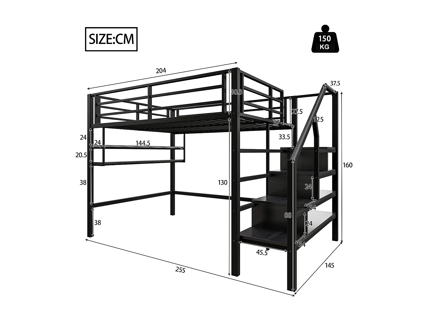Hochbett 140 x 200 cm, Jugendbett mit Sicherheitsgeländer und Ablagefächern, Metall – schwarz (ohne Matratze)