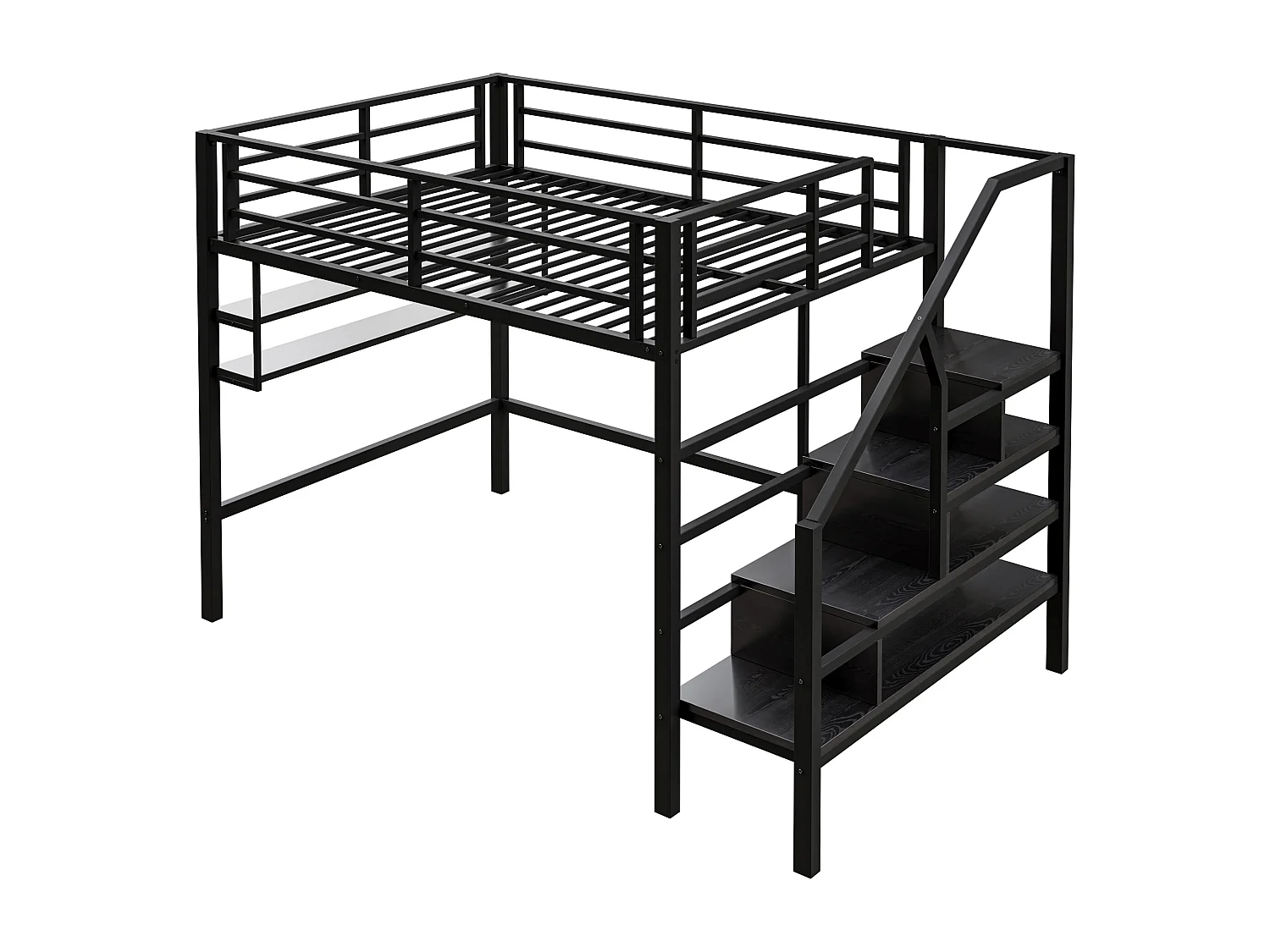 Hochbett 140 x 200 cm, Jugendbett mit Sicherheitsgeländer und Ablagefächern, Metall – schwarz (ohne Matratze)