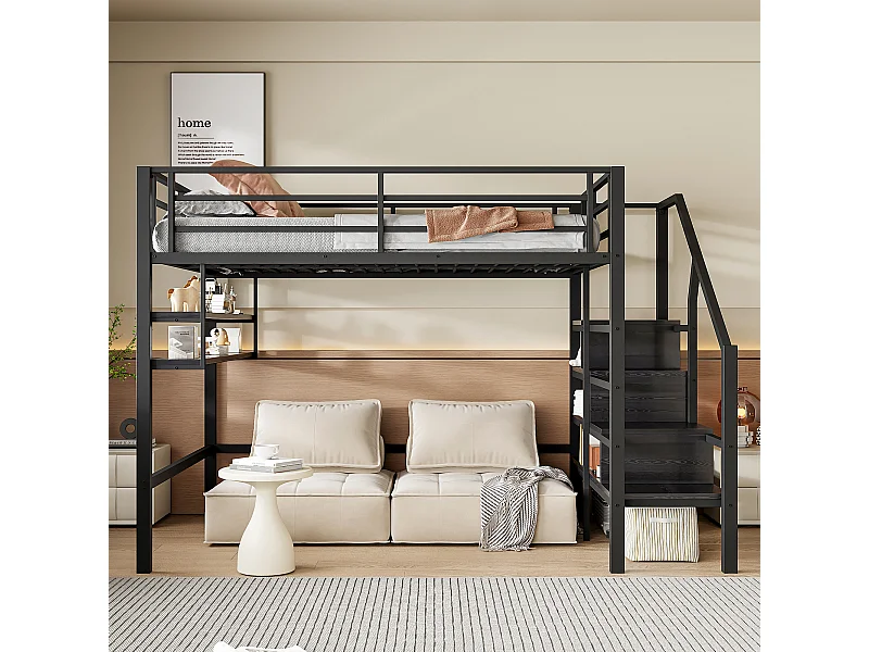 Hochbett 140 x 200 cm, Jugendbett mit Sicherheitsgeländer und Ablagefächern, Metall – schwarz (ohne Matratze)