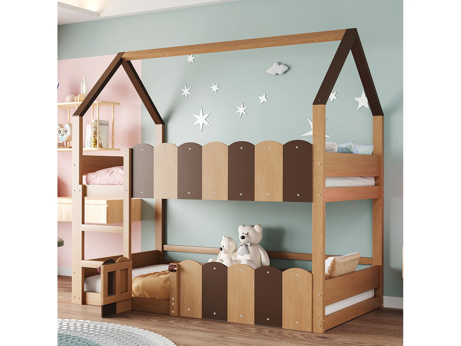Litera de 90x200 cm, cama infantil con escalera y barandilla de seguridad, 1 puerta - natural (sin colchón)