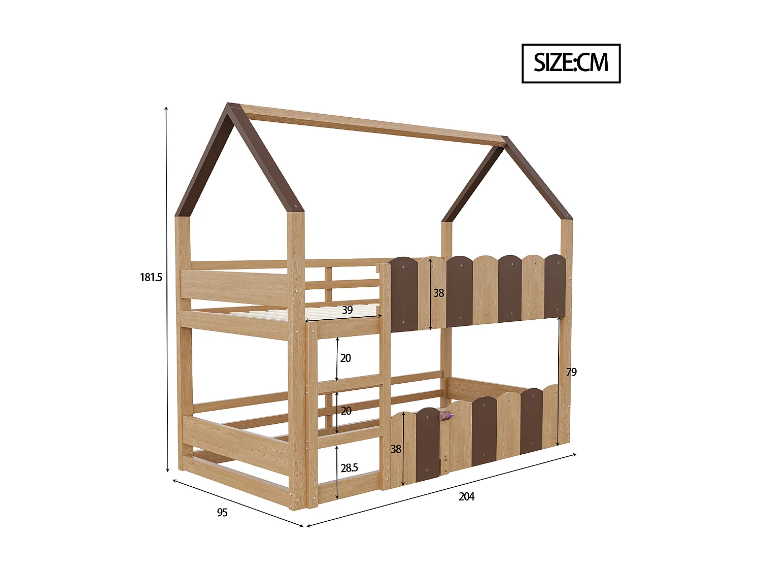 Litera de 90x200 cm, cama infantil con escalera y barandilla de seguridad, 1 puerta - natural (sin colchón)