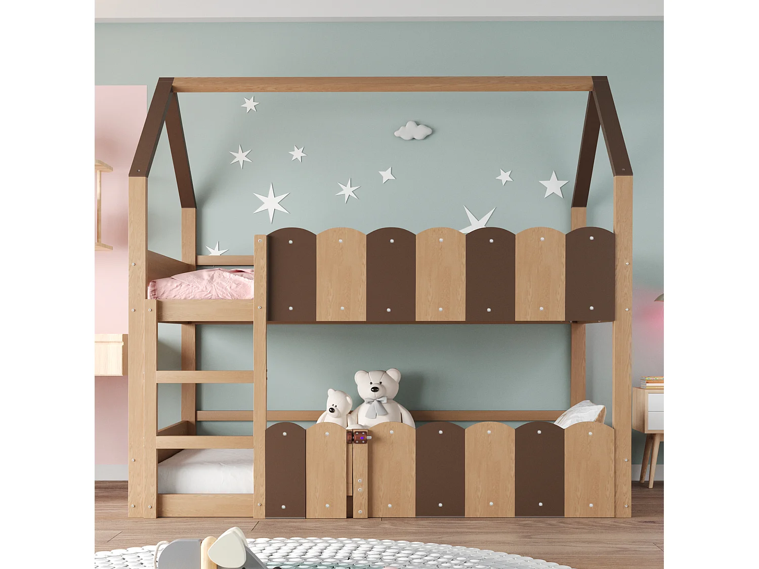 Lit superposé 90x200 cm, lit enfant avec échelle et barrière de sécurité, 1 porte - naturel (sans matelas)