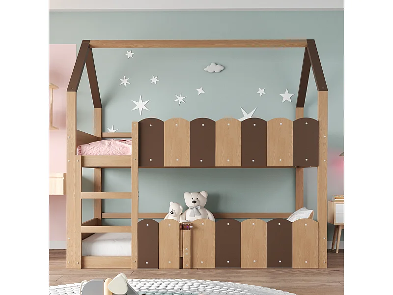 Lit superposé 90x200 cm, lit enfant avec échelle et barrière de sécurité, 1 porte - naturel (sans matelas)