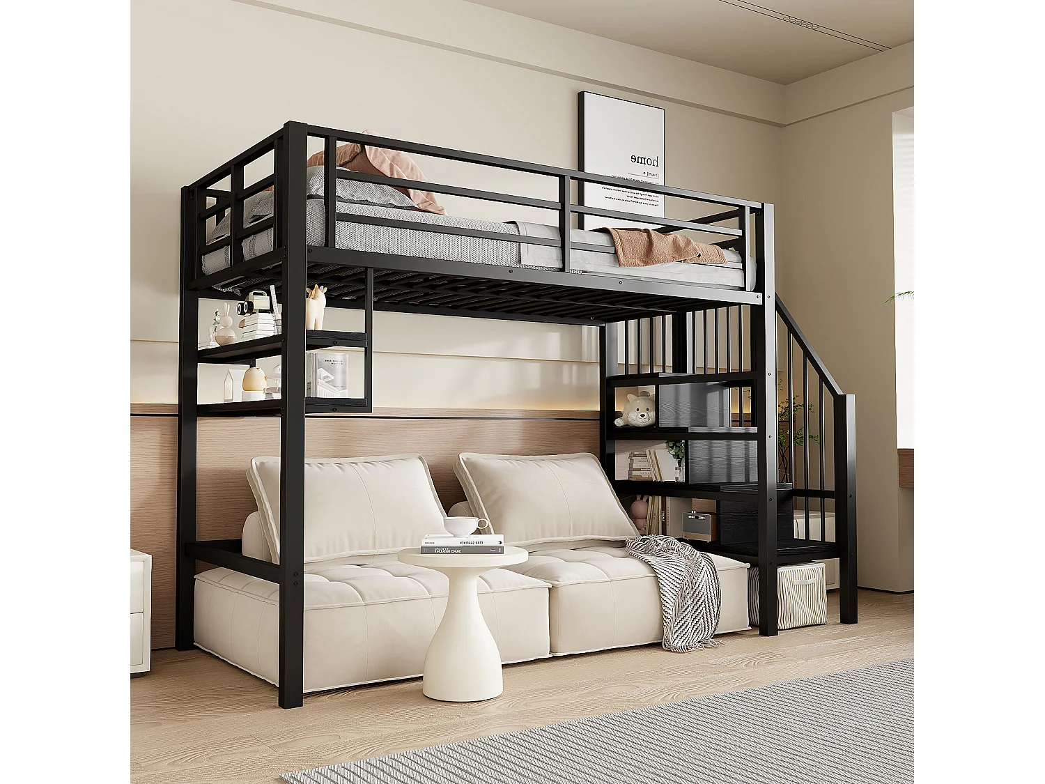 Lit mezzanine 90x200cm Lit ado avec barrières de sécurité et étagères de rangement, métal - noir (sans matelas)