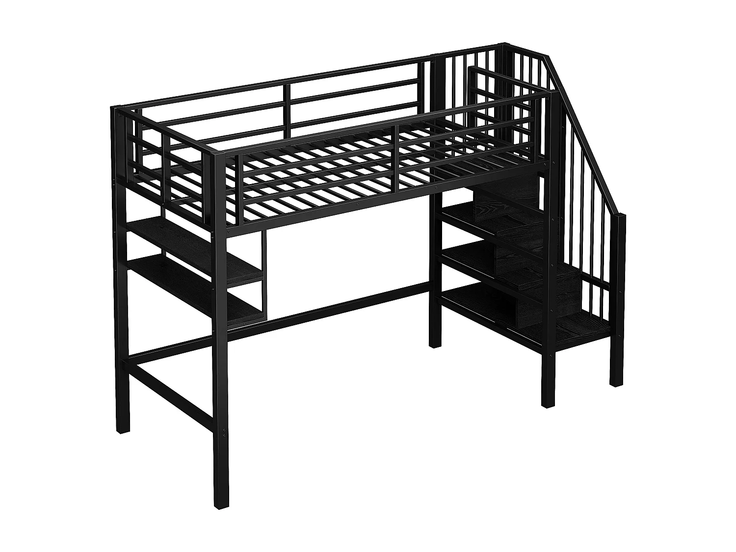 Lit mezzanine 90x200cm Lit ado avec barrières de sécurité et étagères de rangement, métal - noir (sans matelas)