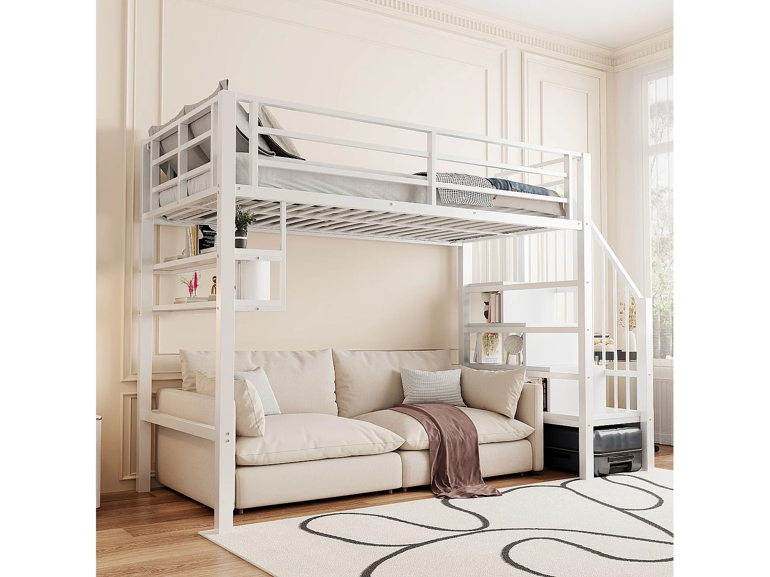 Letto a soppalco 90x200cm Letto per ragazzi con sponde di sicurezza e ripiani portaoggetti, metallo - bianco (senza materasso)