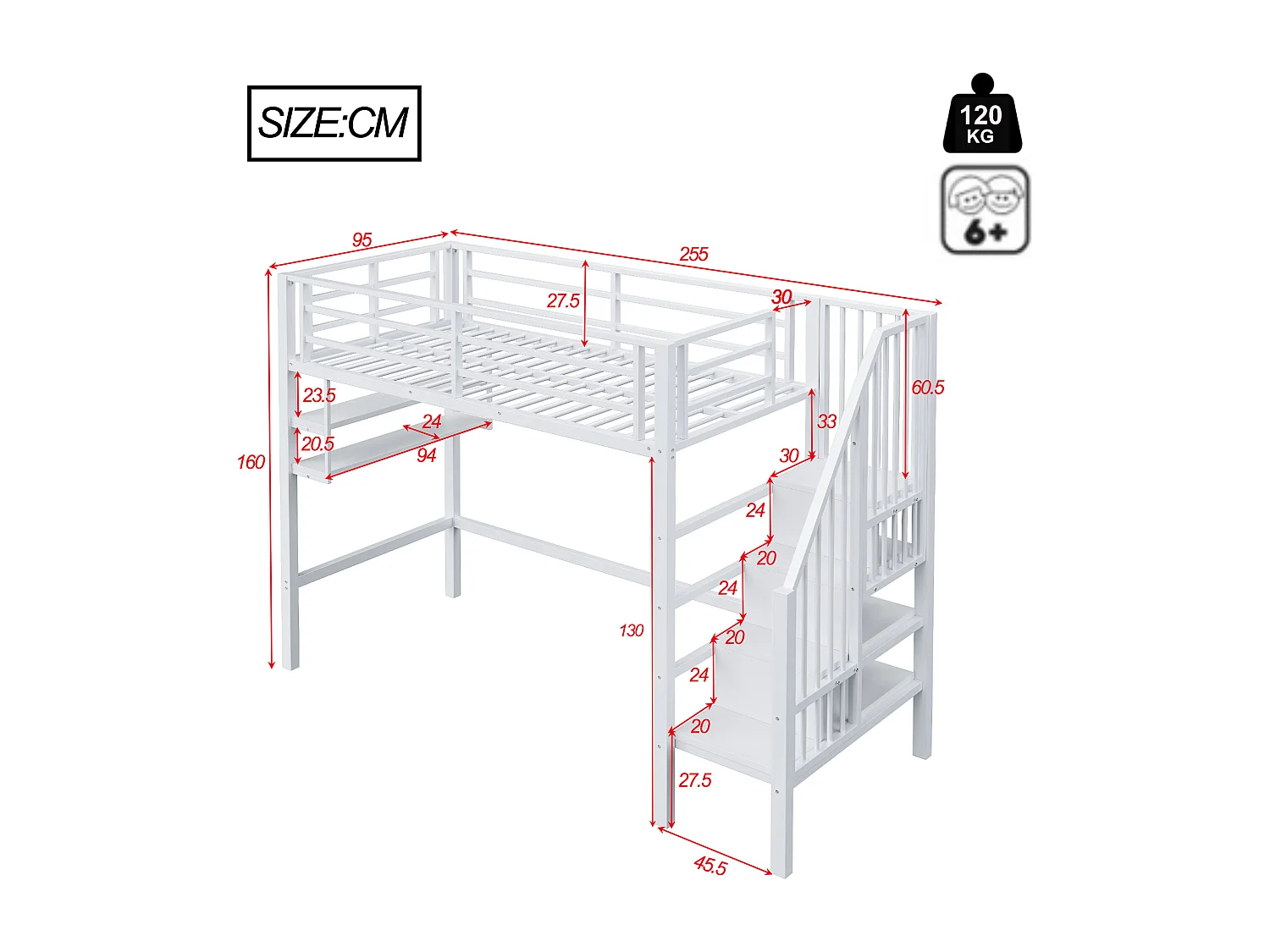 Letto a soppalco 90x200cm Letto per ragazzi con sponde di sicurezza e ripiani portaoggetti, metallo - bianco (senza materasso)