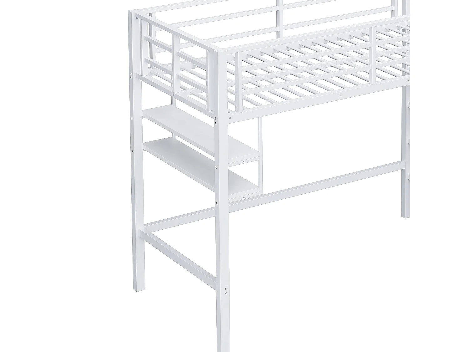 Letto a soppalco 90x200cm Letto per ragazzi con sponde di sicurezza e ripiani portaoggetti, metallo - bianco (senza materasso)