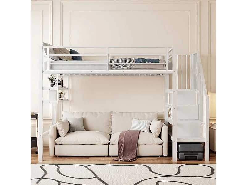 Letto a soppalco 90x200cm Letto per ragazzi con sponde di sicurezza e ripiani portaoggetti, metallo - bianco (senza materasso)