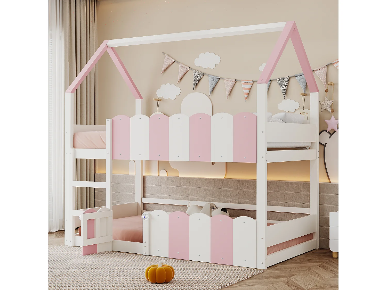 Etagenbett 90 x 200 cm, Kinderbett mit Leiter und Sicherheitsgeländer, 1 Tür – weiß-rosa (ohne Matratze)