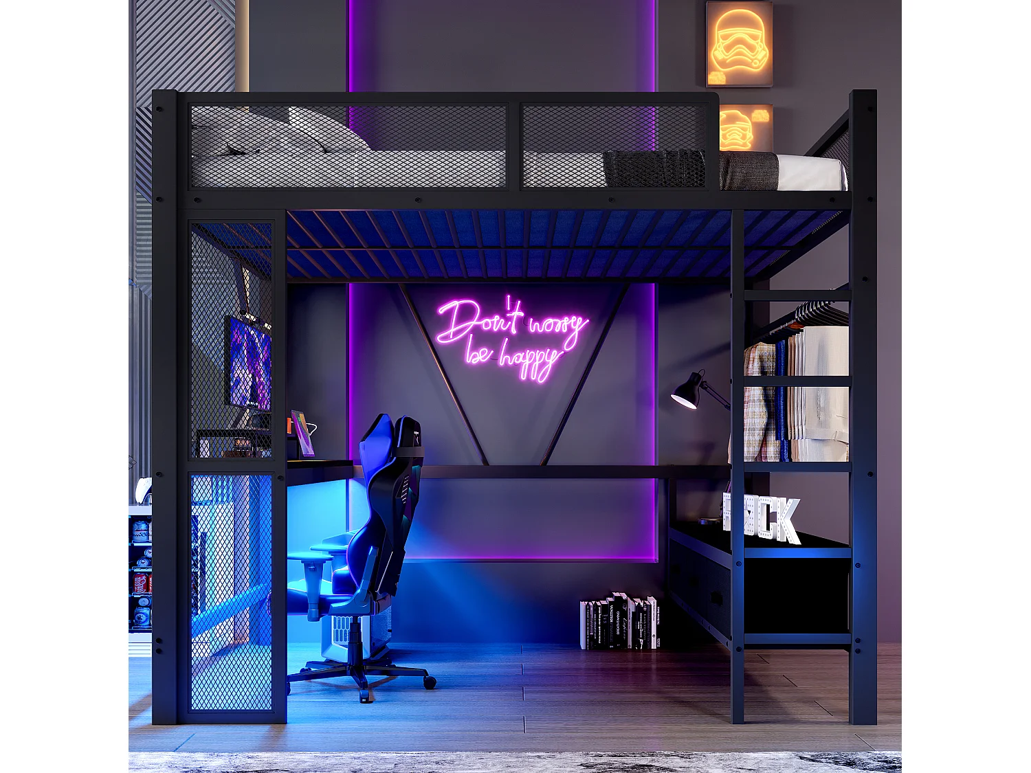 Lit mezzanine 140x200 cm, lit ado avec USB et lumières LED, 3 tiroirs et bureau - noir (sans matelas)