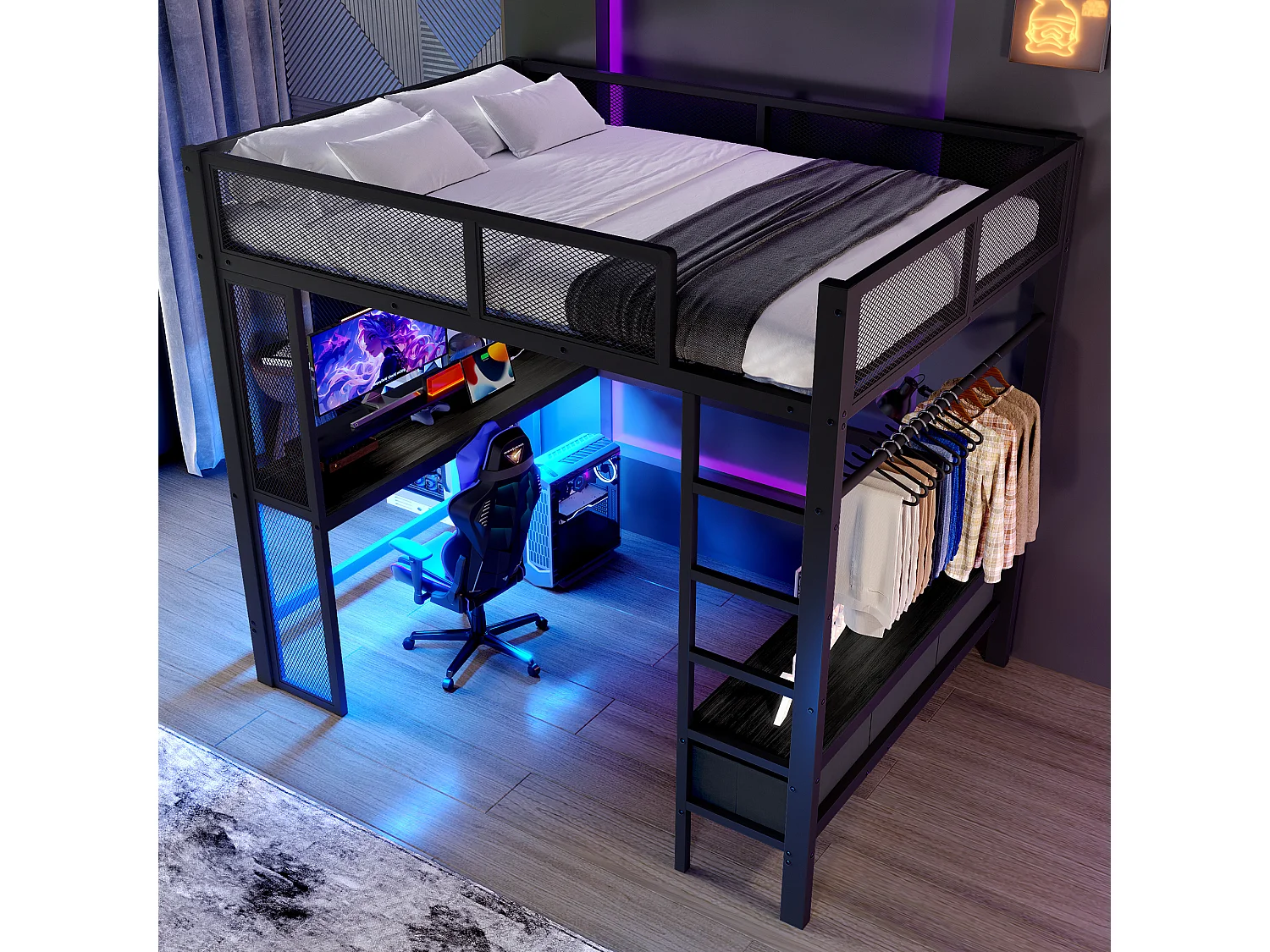 Lit mezzanine 140x200 cm, lit ado avec USB et lumières LED, 3 tiroirs et bureau - noir (sans matelas)