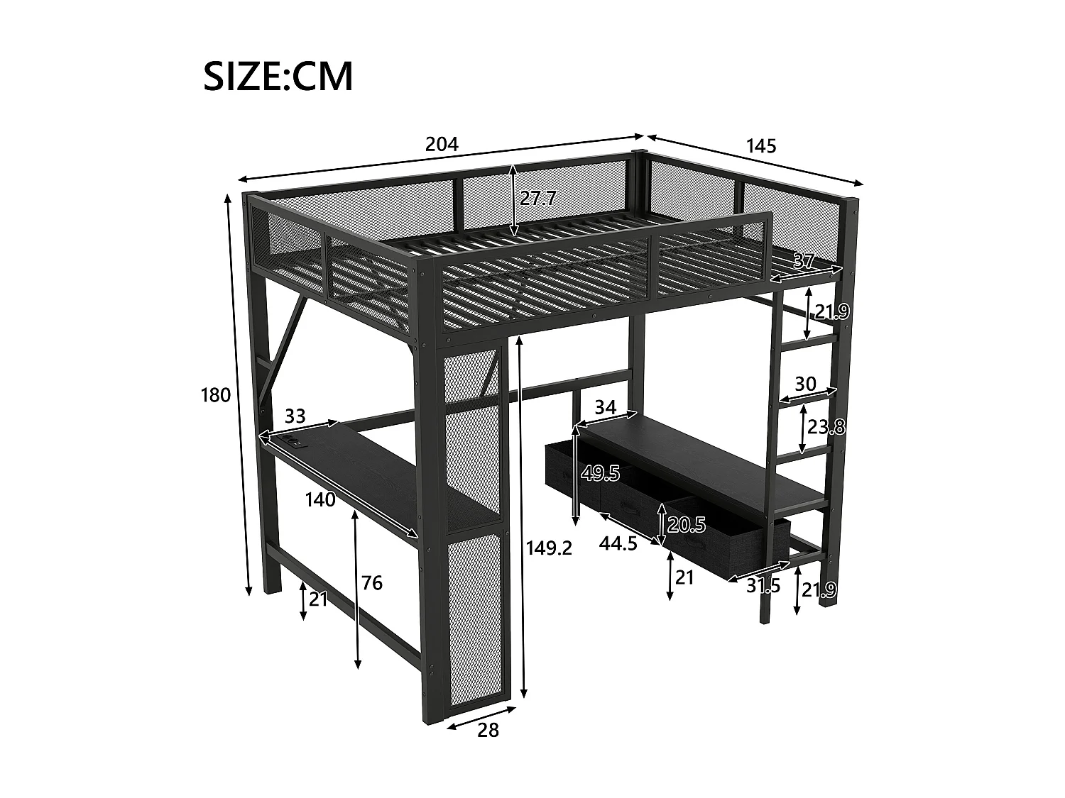 Lit mezzanine 140x200 cm, lit ado avec USB et lumières LED, 3 tiroirs et bureau - noir (sans matelas)