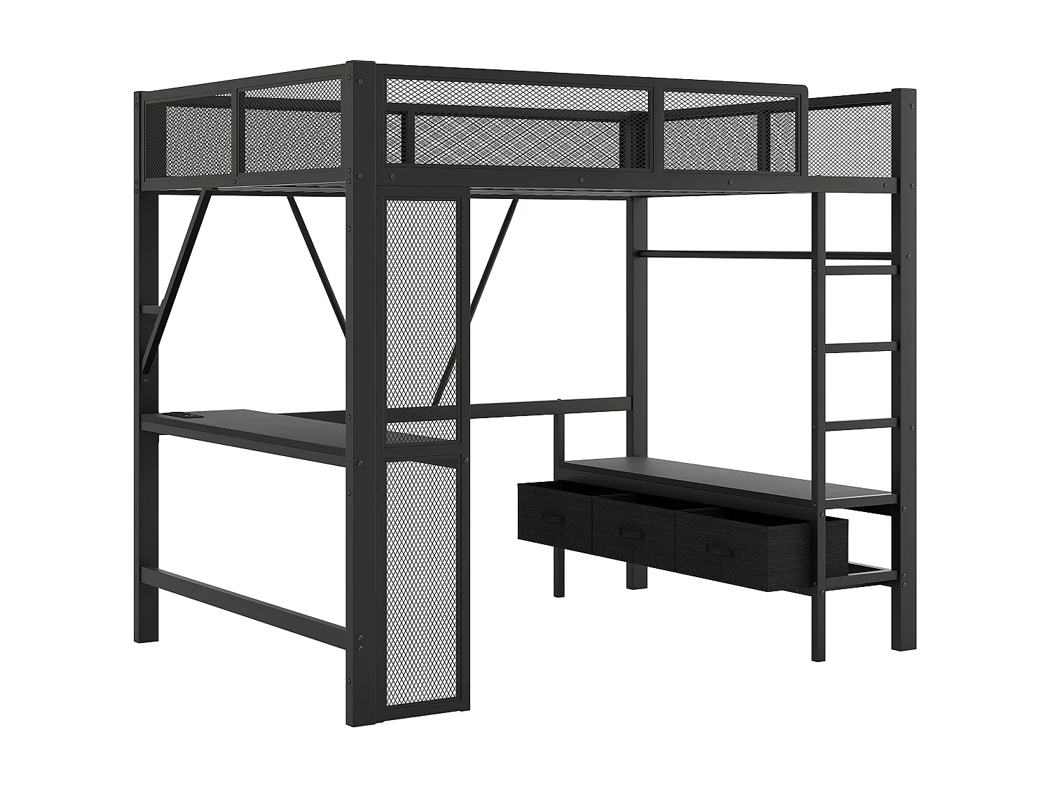 Lit mezzanine 140x200 cm, lit ado avec USB et lumières LED, 3 tiroirs et bureau - noir (sans matelas)