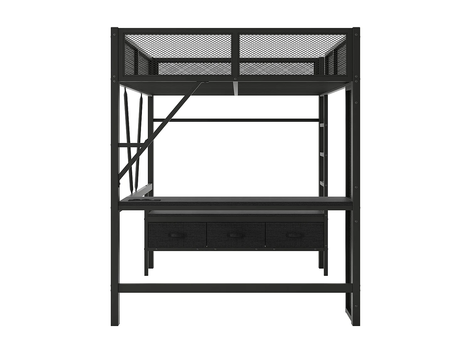 Lit mezzanine 140x200 cm, lit ado avec USB et lumières LED, 3 tiroirs et bureau - noir (sans matelas)