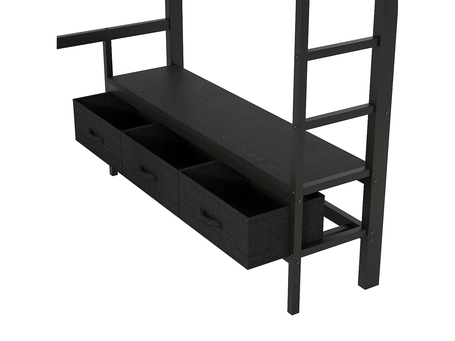 Lit mezzanine 140x200 cm, lit ado avec USB et lumières LED, 3 tiroirs et bureau - noir (sans matelas)