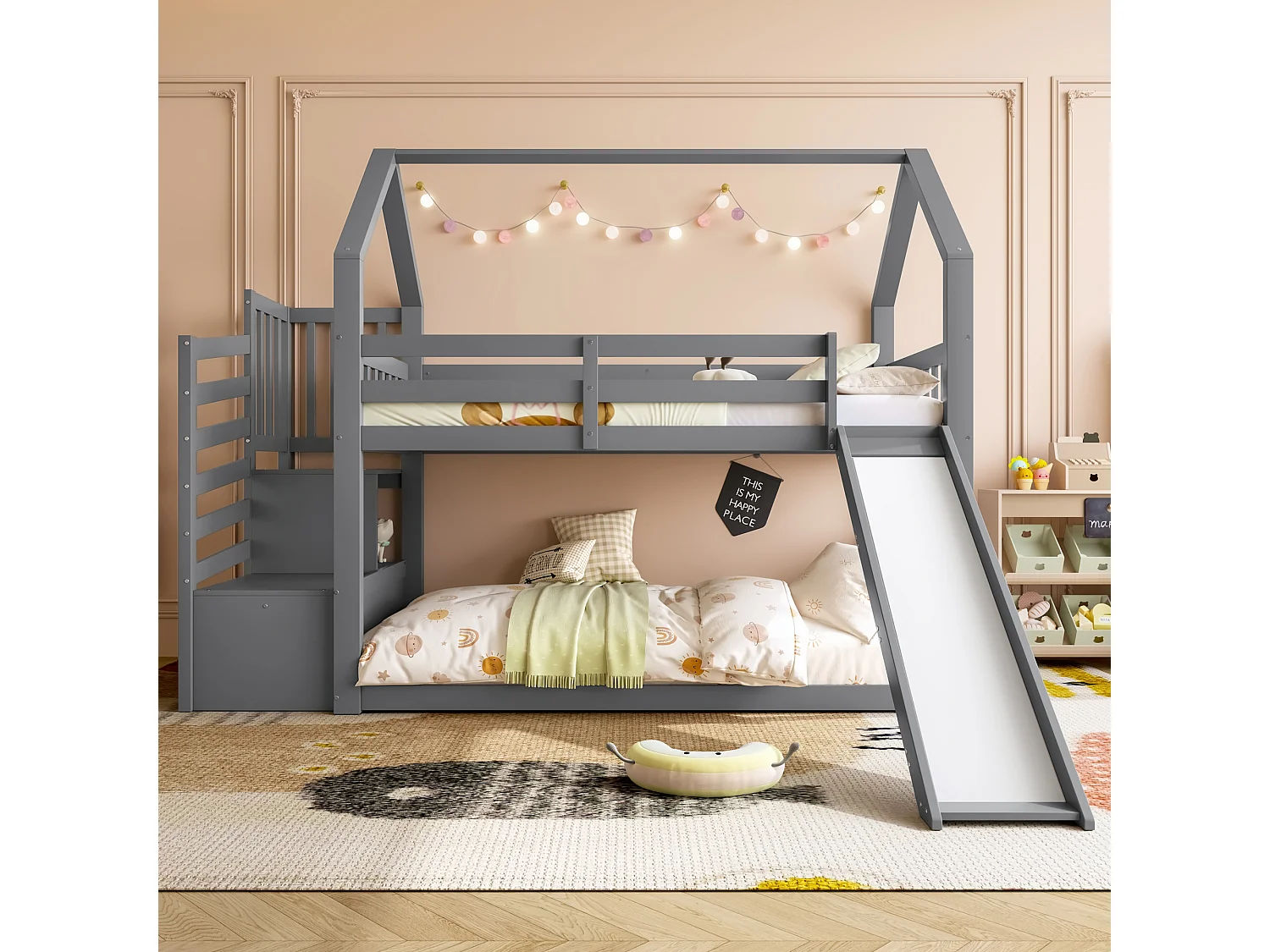 Lit superposé 90x200 cm, lit enfant avec escalier et toboggan, barrière de sécurité - gris (sans matelas)