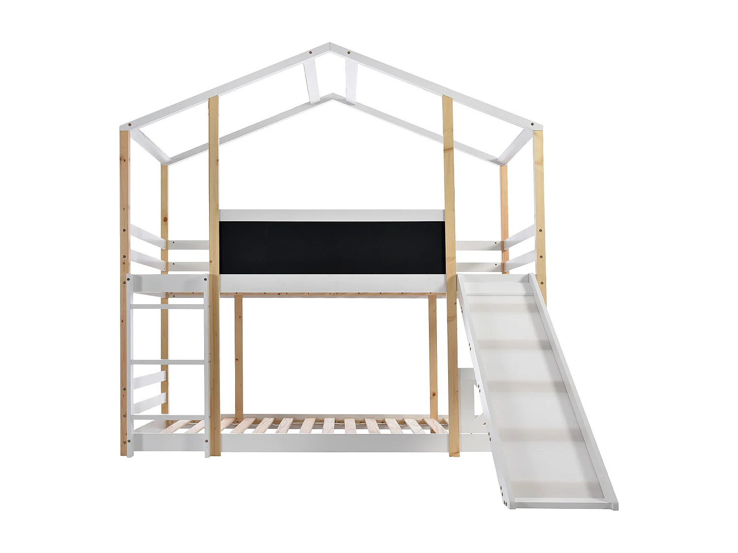 Letto a castello 90x200 cm Letto per bambini con scaletta e scivolo, rete a doghe - naturale e bianco (senza materasso)