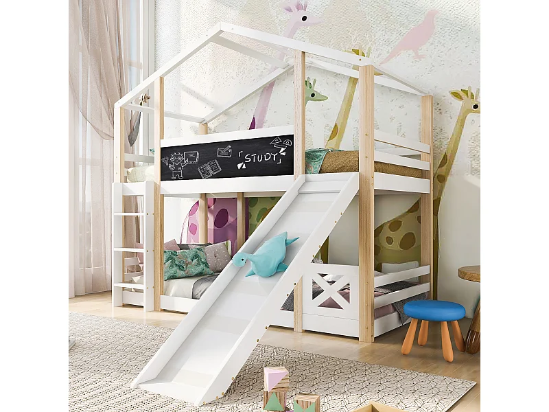 Letto a castello 90x200 cm Letto per bambini con scaletta e scivolo, rete a doghe - naturale e bianco (senza materasso)