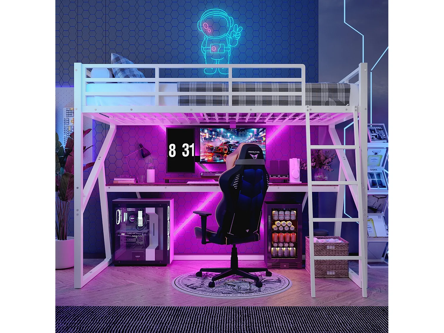 Hochbett 90 x 200 cm Kinderbett mit LED-Beleuchtung und Schreibtisch, Metallrahmen – weiß (ohne Matratze)