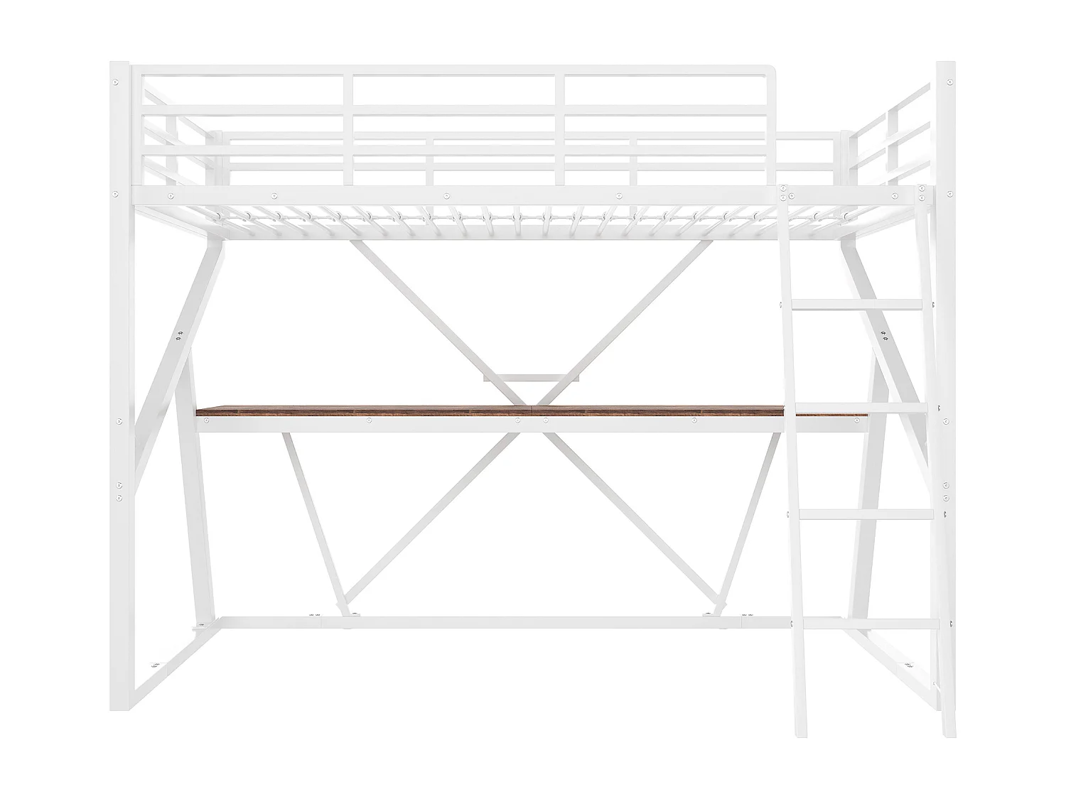 Hochbett 90 x 200 cm Kinderbett mit LED-Beleuchtung und Schreibtisch, Metallrahmen – weiß (ohne Matratze)