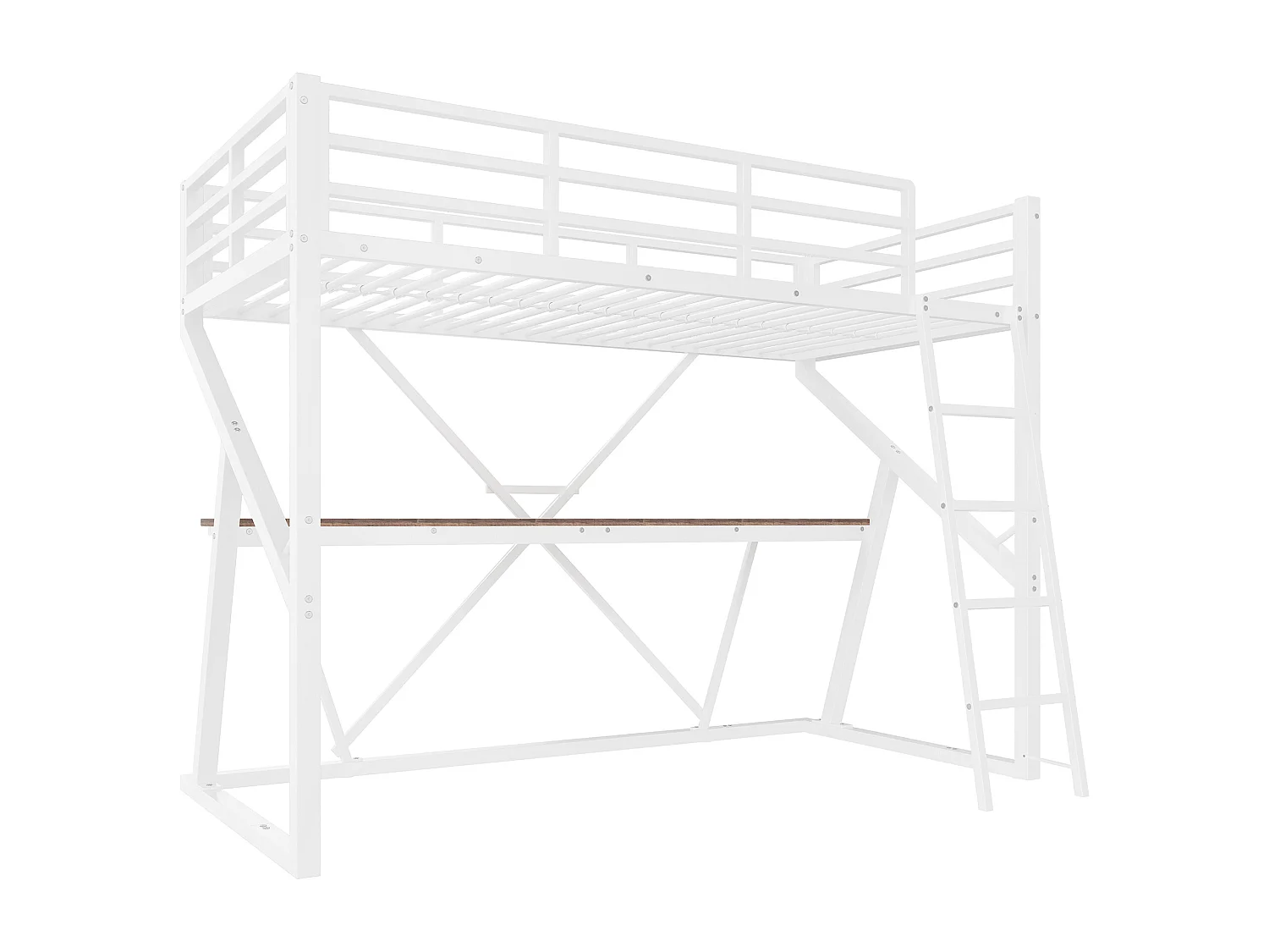 Hochbett 90 x 200 cm Kinderbett mit LED-Beleuchtung und Schreibtisch, Metallrahmen – weiß (ohne Matratze)