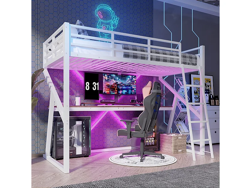 Hochbett 90 x 200 cm Kinderbett mit LED-Beleuchtung und Schreibtisch, Metallrahmen – weiß (ohne Matratze)