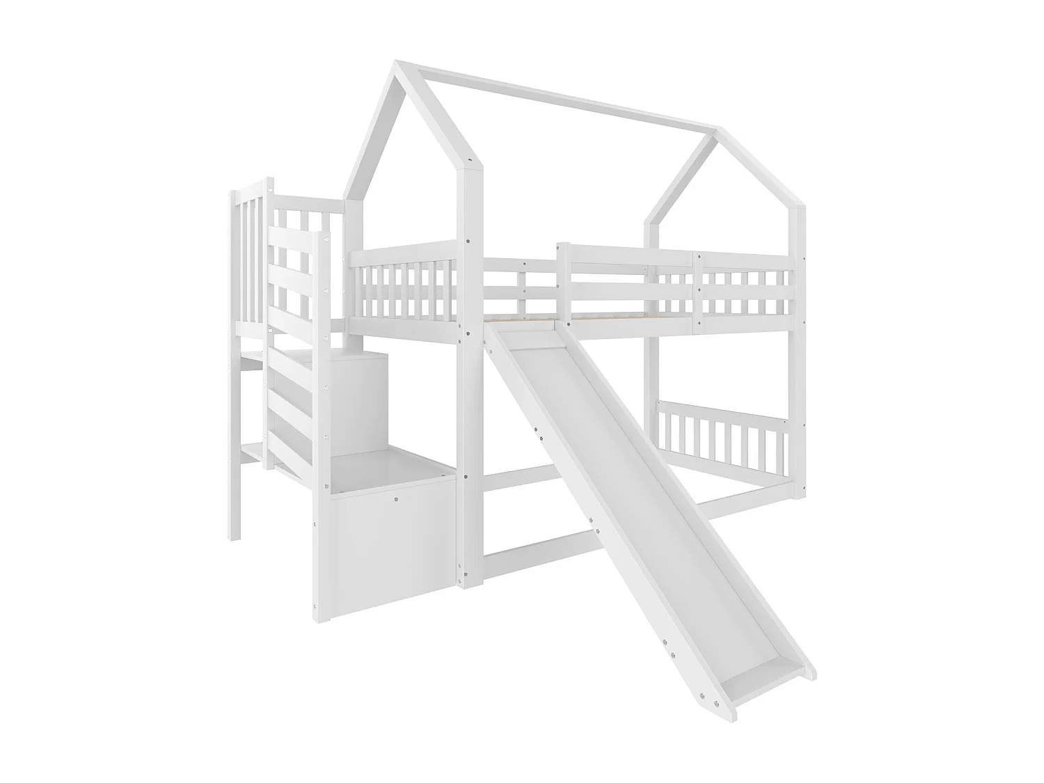 Lit superposé 90x200 cm, lit enfant avec escalier et toboggan, barrière de sécurité - blanc (sans matelas)