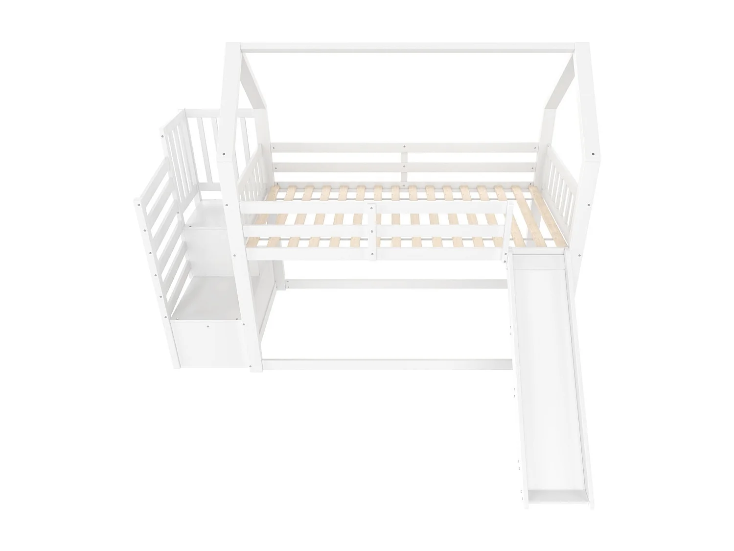 Etagenbett 90 x 200 cm, Kinderbett mit Treppe und Rutsche, Sicherheitsgeländer – weiß (ohne Matratze)