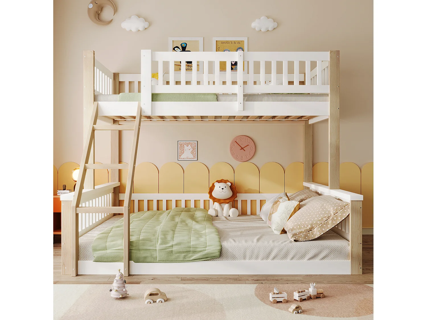 Łóżko piętrowe 90/140x200 cm, łóżko dziecięce z drabinką i barierką, stelaż z listew - białe i naturalne (bez materaca)