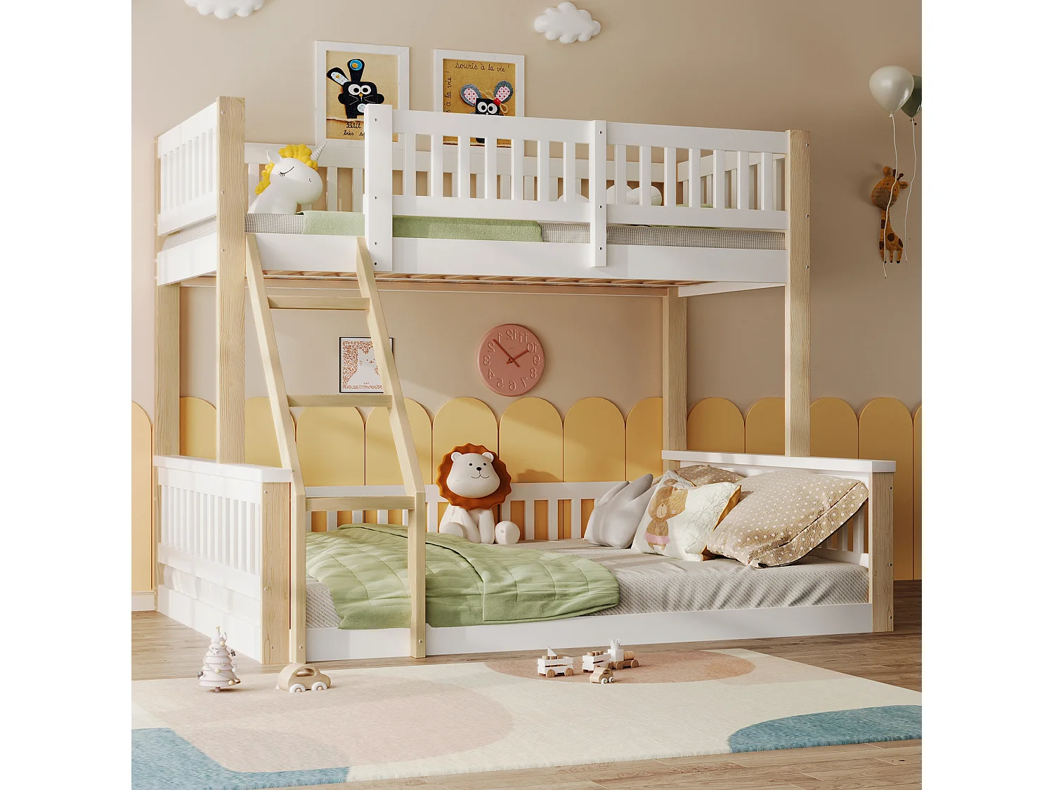 Łóżko piętrowe 90/140x200 cm, łóżko dziecięce z drabinką i barierką, stelaż z listew - białe i naturalne (bez materaca)