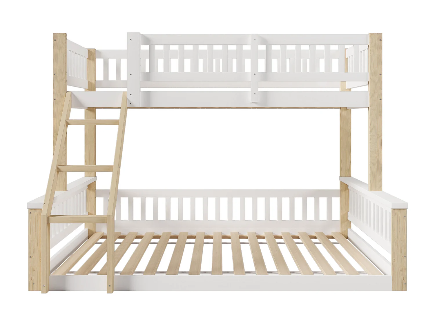 Łóżko piętrowe 90/140x200 cm, łóżko dziecięce z drabinką i barierką, stelaż z listew - białe i naturalne (bez materaca)