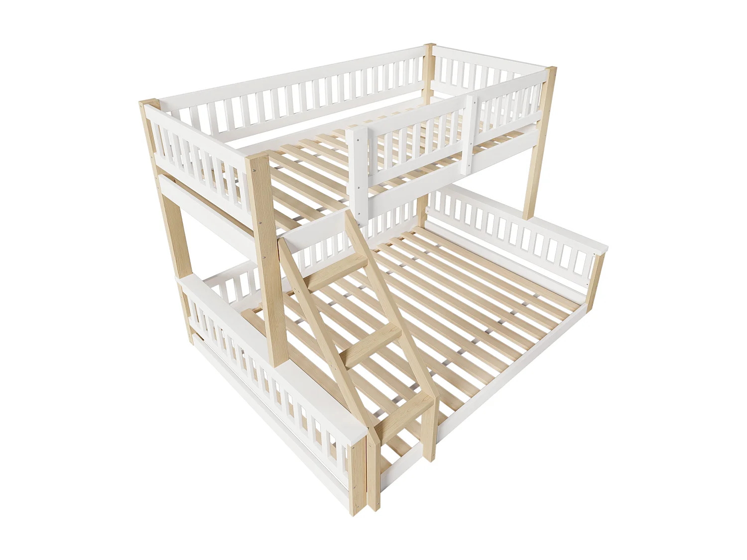Łóżko piętrowe 90/140x200 cm, łóżko dziecięce z drabinką i barierką, stelaż z listew - białe i naturalne (bez materaca)