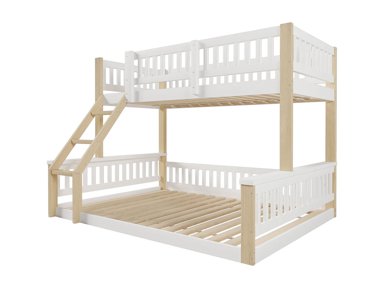 Łóżko piętrowe 90/140x200 cm, łóżko dziecięce z drabinką i barierką, stelaż z listew - białe i naturalne (bez materaca)