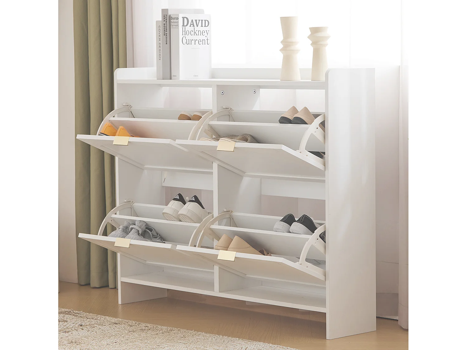 Scarpiera bianca con 4 ante e ripiani aperti - per ingressi e corridoi