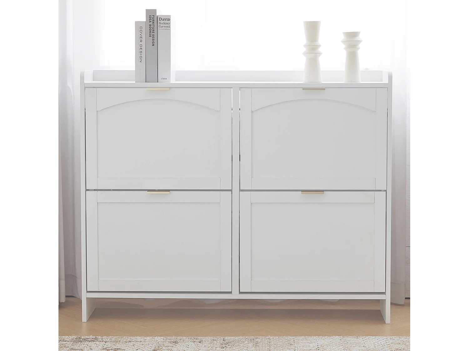 Meuble à chaussures blanc avec 4 portes et étagères ouvertes - pour entrées et couloirs