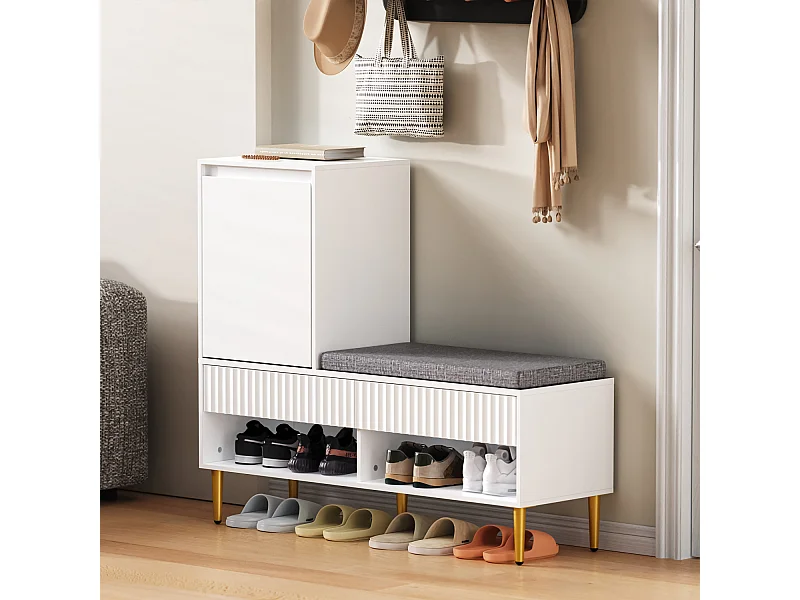 Meuble à chaussures d'entrée, meuble à chaussures blanc avec tabouret, 2 tiroirs et 2 étagères ouvertes