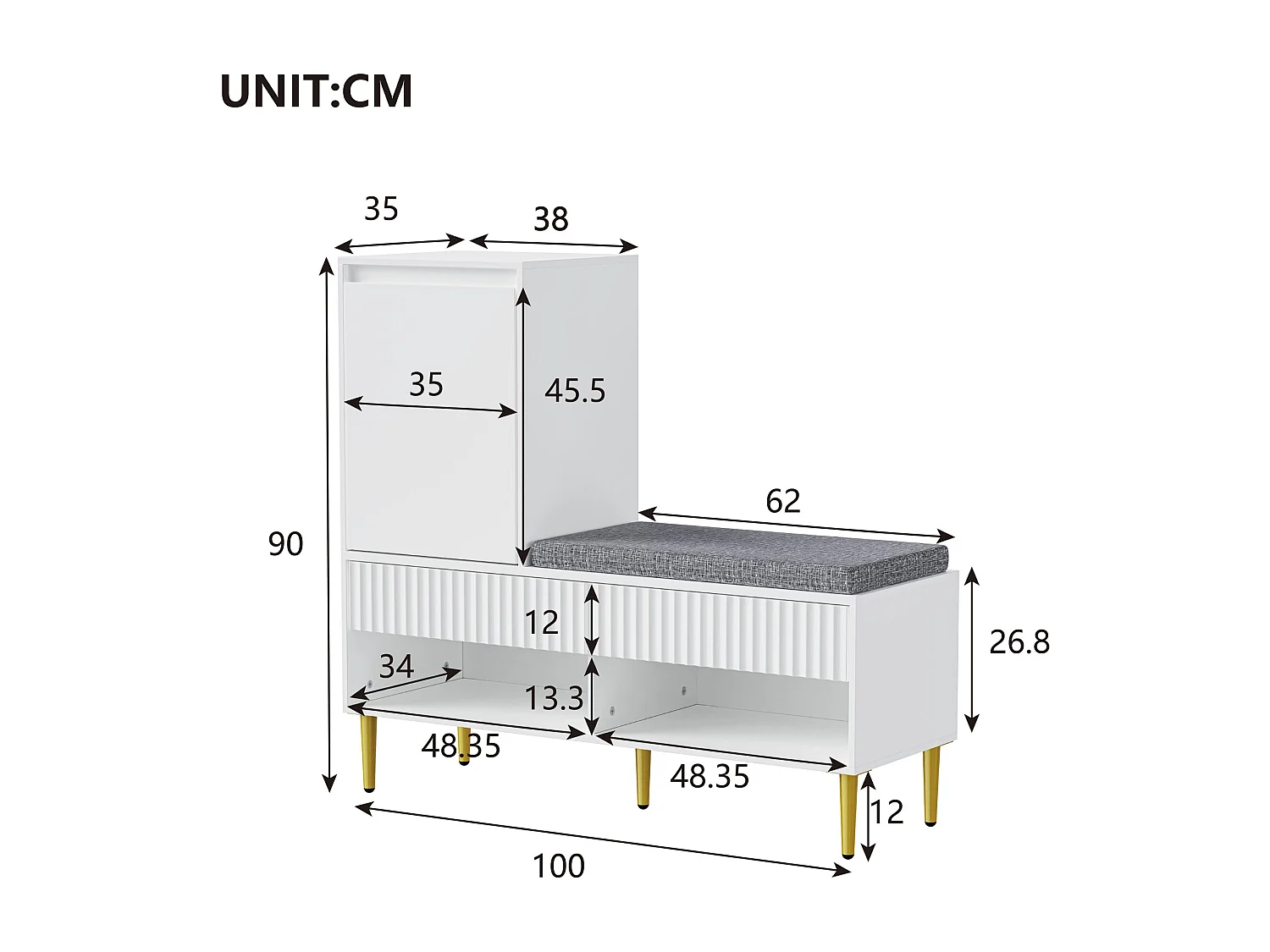 Meuble à chaussures d'entrée, meuble à chaussures blanc avec tabouret, 2 tiroirs et 2 étagères ouvertes