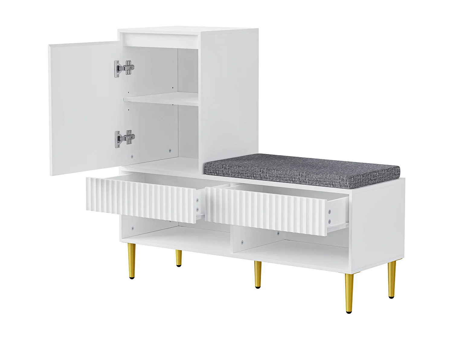 Meuble à chaussures d'entrée, meuble à chaussures blanc avec tabouret, 2 tiroirs et 2 étagères ouvertes