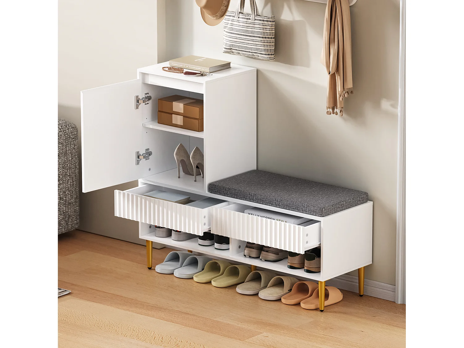 Schuhschrank für den Eingangsbereich, Weißer Schuhschrank mit Hocker, 2 Schubladen und 2 offenen Regalen