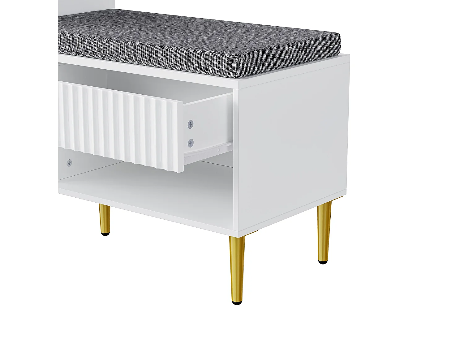 Schuhschrank für den Eingangsbereich, Weißer Schuhschrank mit Hocker, 2 Schubladen und 2 offenen Regalen