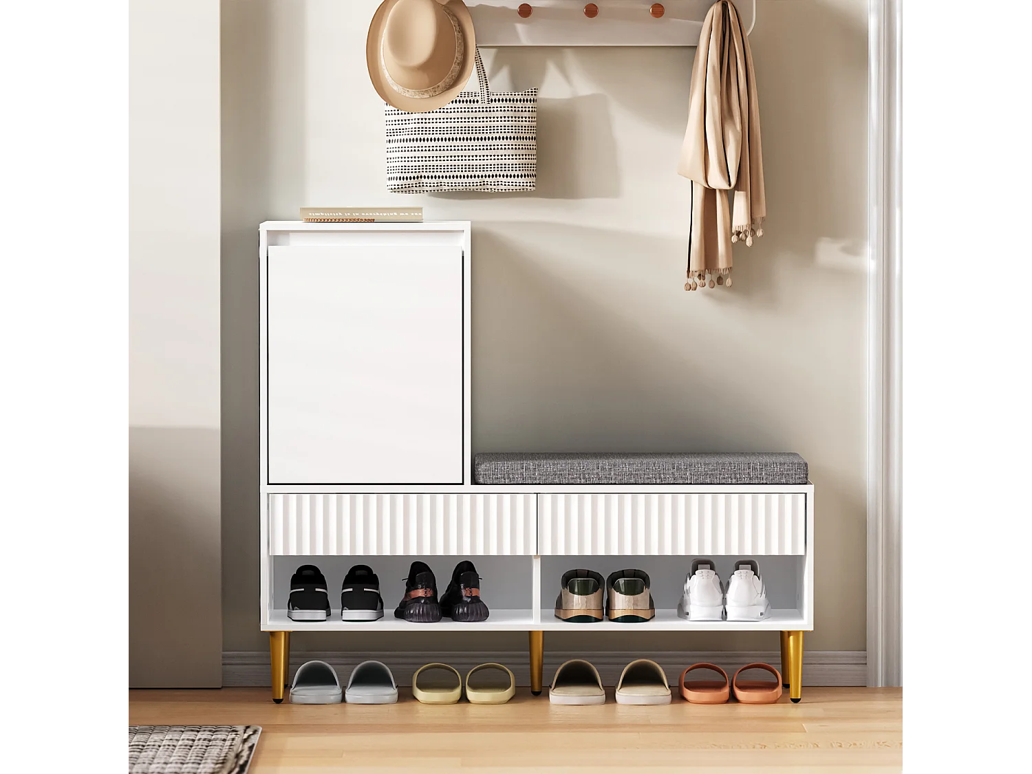 Meuble à chaussures d'entrée, meuble à chaussures blanc avec tabouret, 2 tiroirs et 2 étagères ouvertes