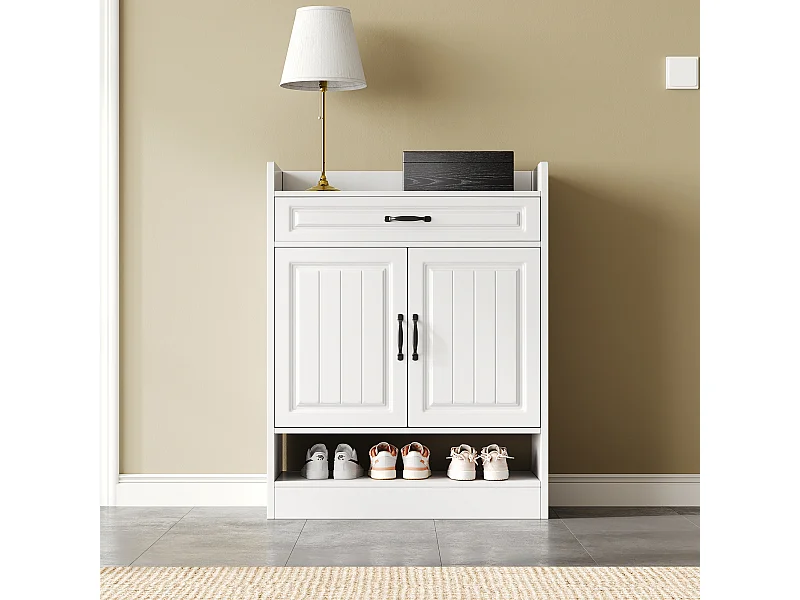 Meuble à chaussures blanc, meuble à chaussures d'entrée avec 1 tiroir et 2 portes, poignées noires