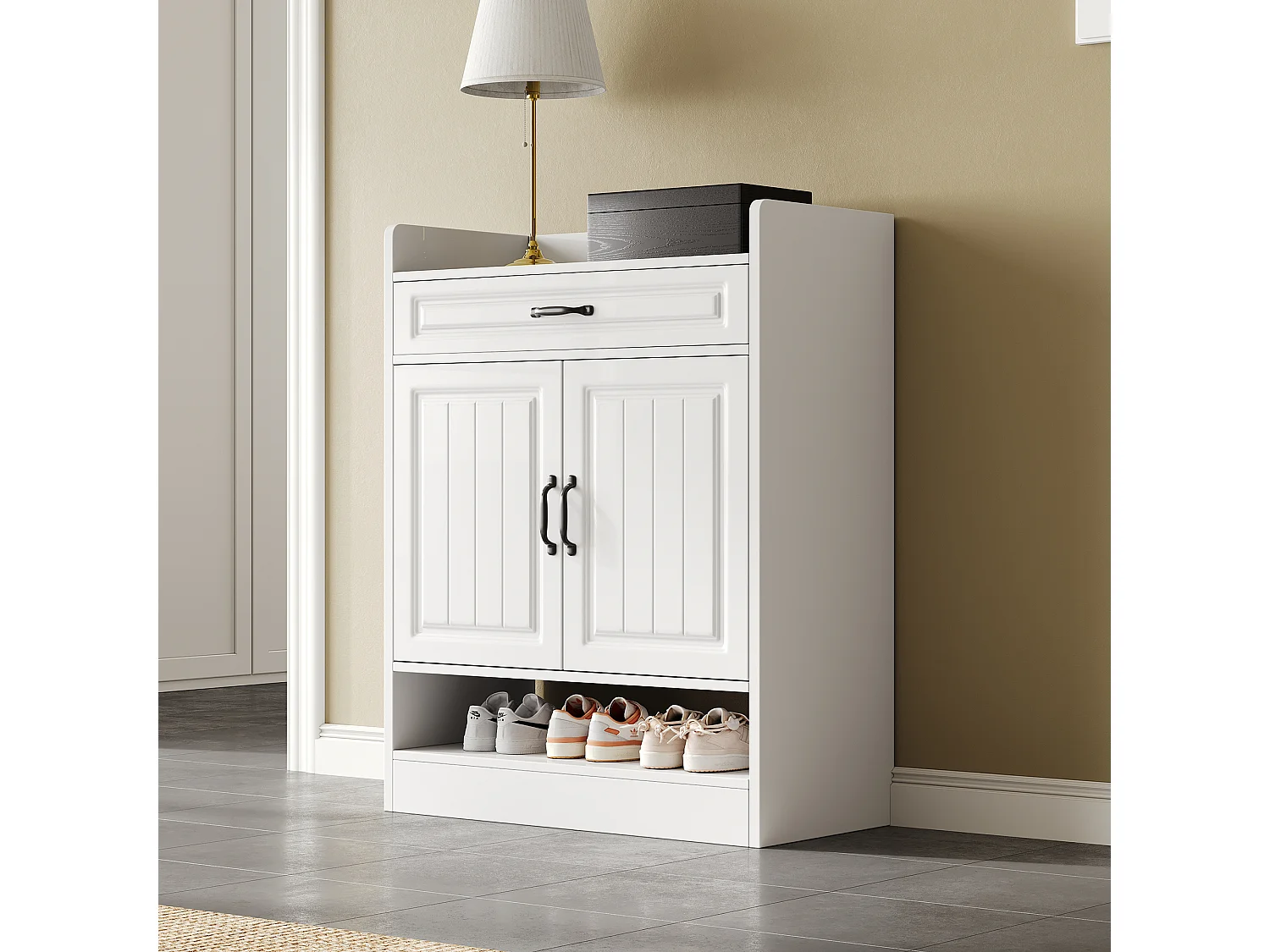 Meuble à chaussures blanc, meuble à chaussures d'entrée avec 1 tiroir et 2 portes, poignées noires